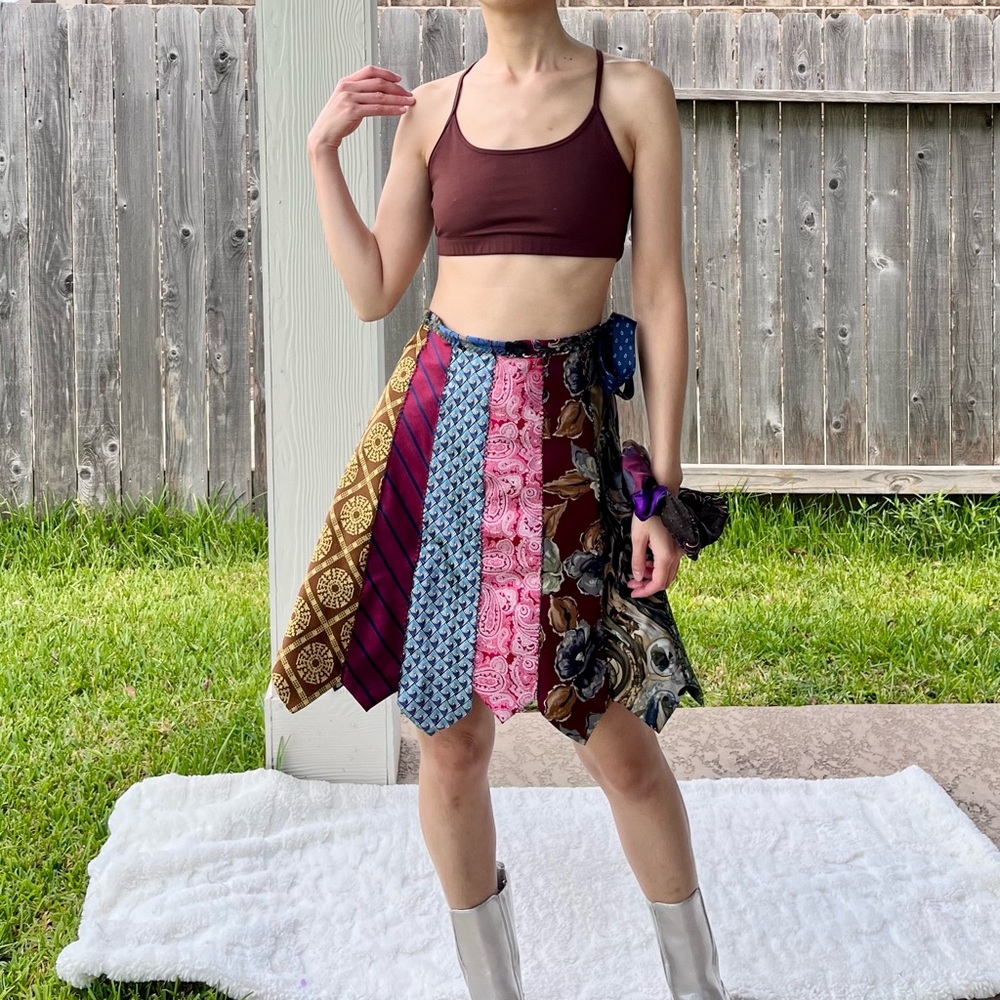 Handmade Skirt Made Entirely from Ties + Matching Scrunchies — SKU 08158